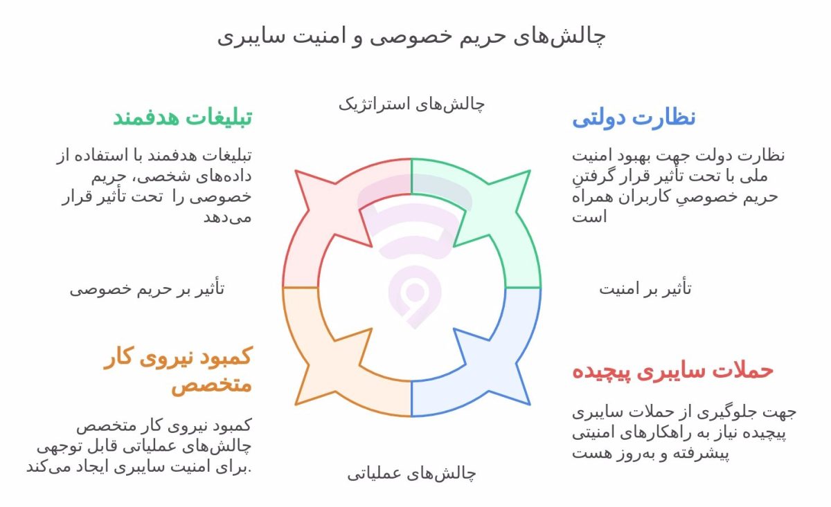 تصویر مربوط به نمودار گرافیکی و اینفوگرافی چالش‌های حریم خصوصی و امنیت سایبری